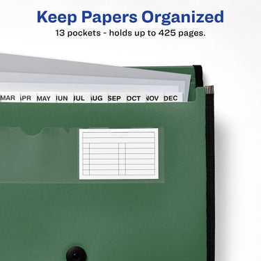 Avery Expanding File Folder Organizer, 13-Pocket Accordion File Organizer, Sage, Holds 425 Letter/A4-Size Sheets (73555) 13 Pockets